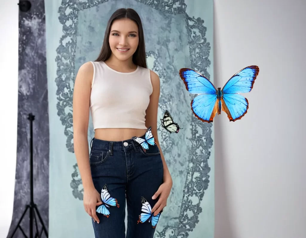 Calça jeans moda preta com estampa de borboleta look leve