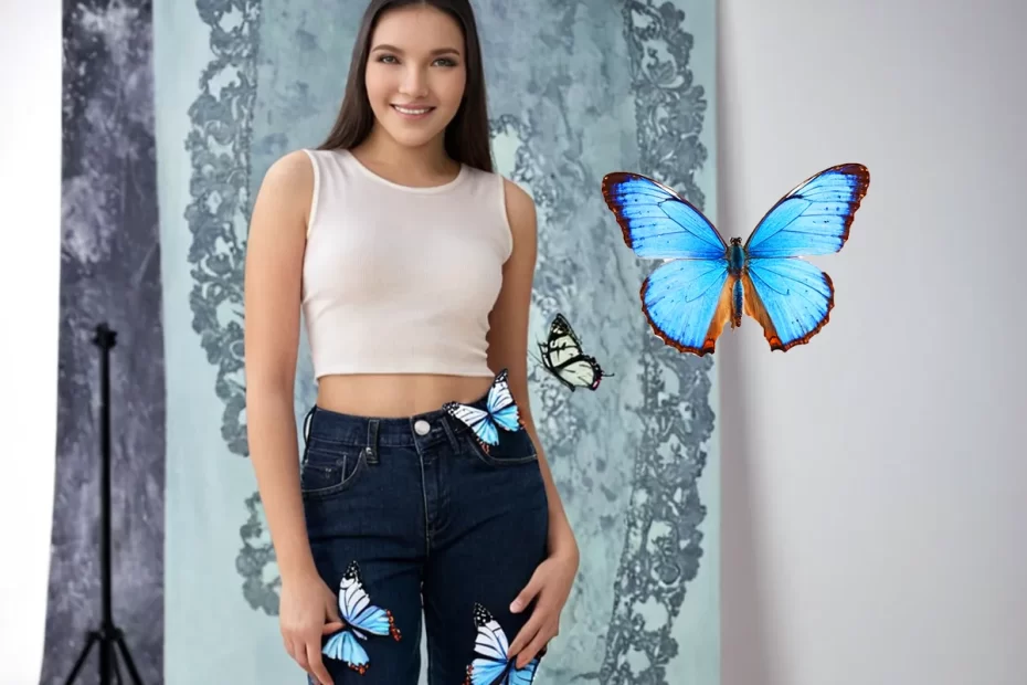 Calça jeans moda preta com estampa de borboleta look leve