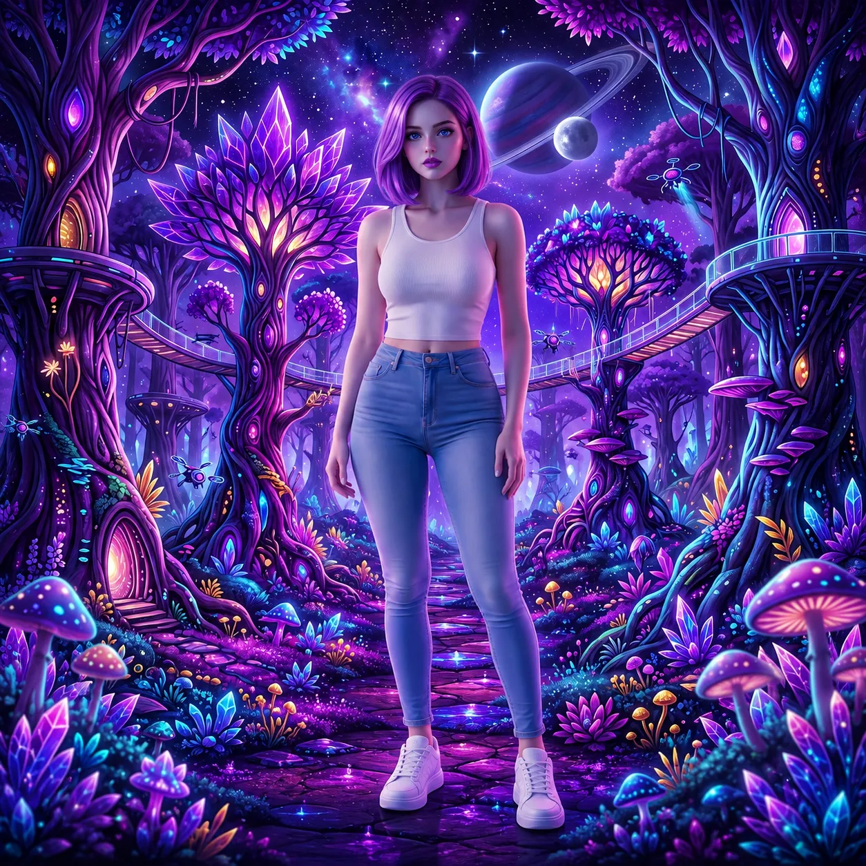 G'Gira Surgh adulta usando blusa branca, jeans azul e tênis branco em floresta alienígena colorida