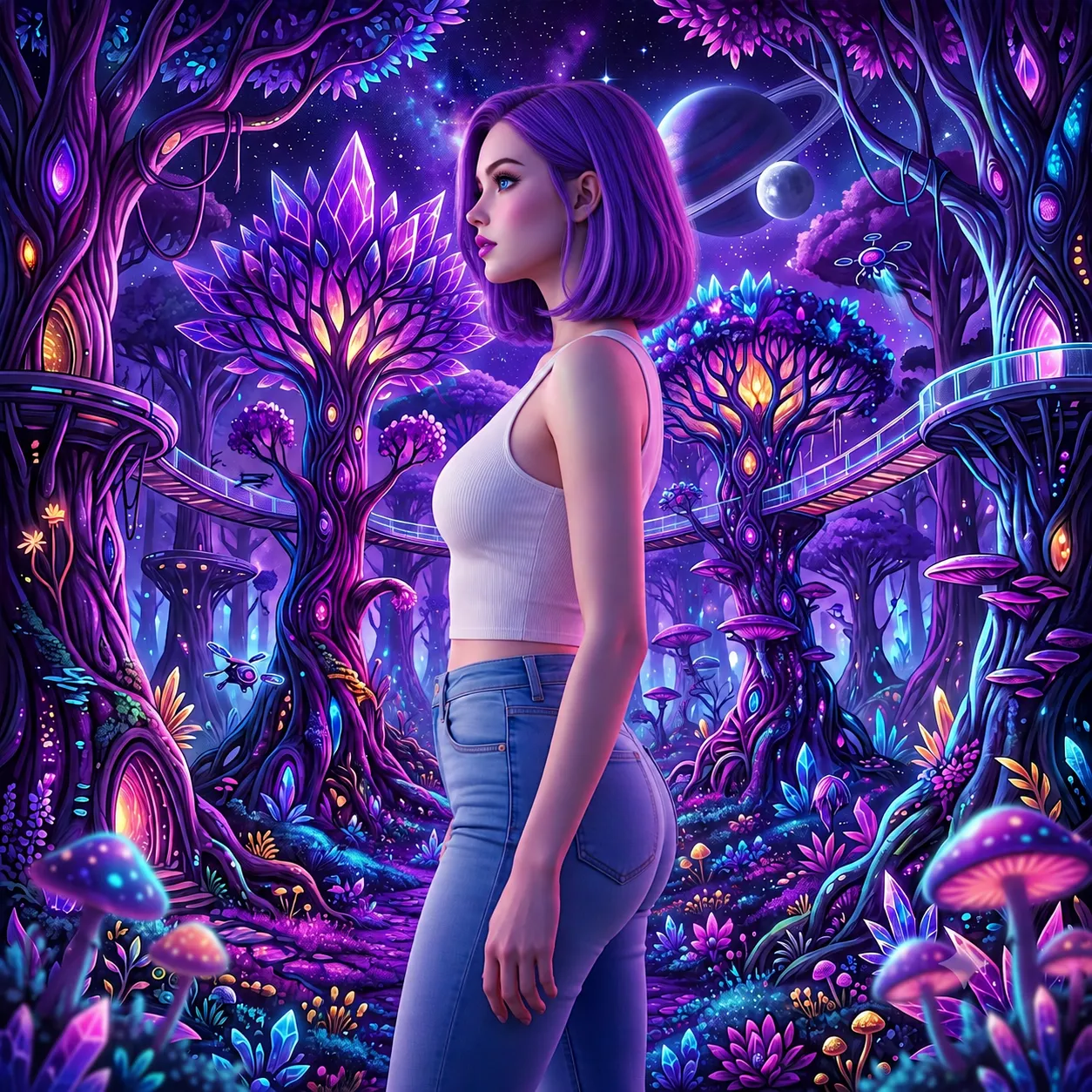 Perfil de G'Gira Surgh adulta com cabelo bob violeta, blusa branca e calça jeans azul