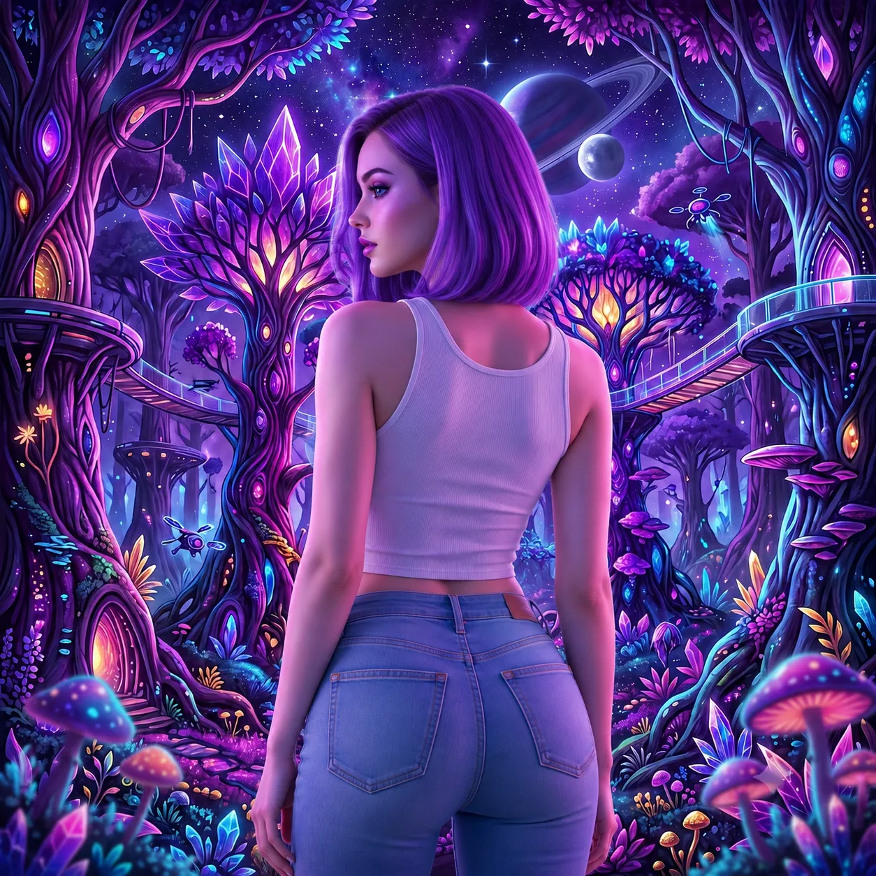 Vista posterior de G'Gira Surgh adulta mostrando cabelo bob violeta, blusa branca e jeans azul