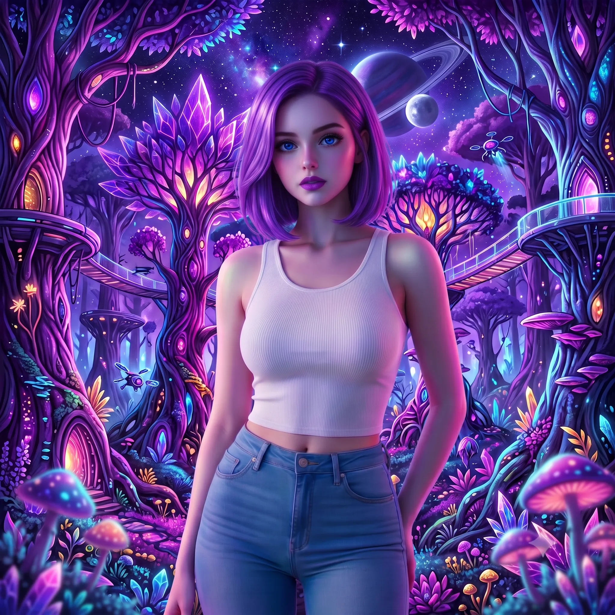 Retrato de G'Gira Surgh adulta com cabelo violeta, blusa branca e jeans azul diante de árvores alienígenas luminosas