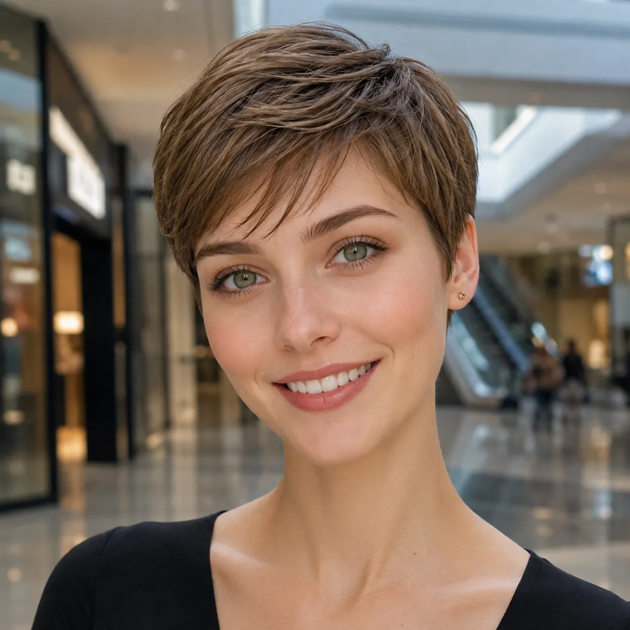 Pixie cut castanho claro com franja lateral fina e topo texturizado