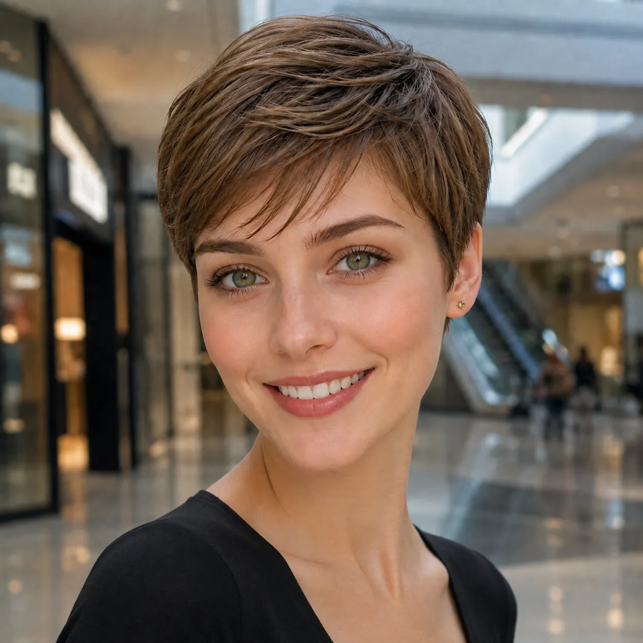 Mulher de cabelo pixie castanho usando roupa preta em ambiente sofisticado