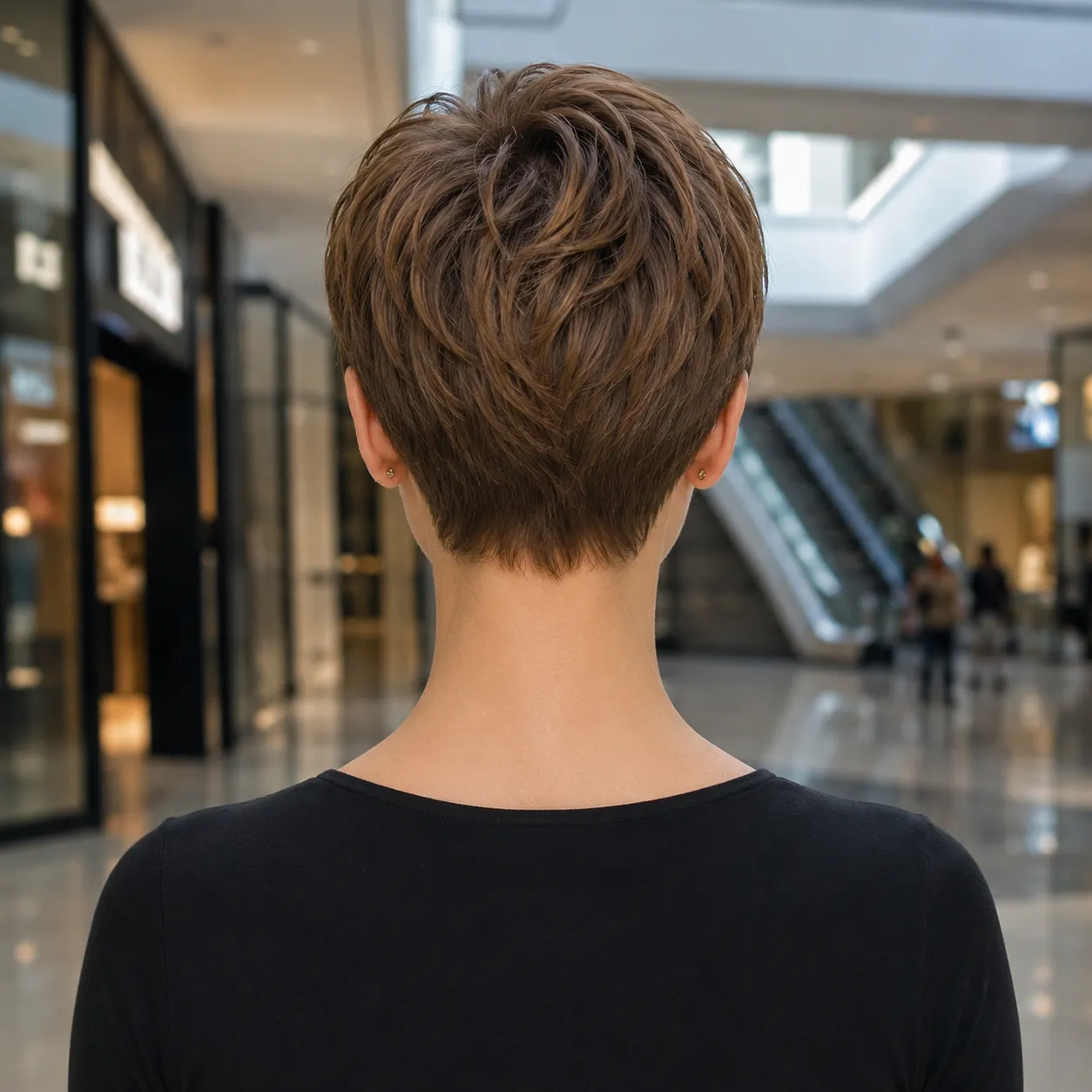 Vista traseira de pixie cut castanho com nuca curta e topo em camadas