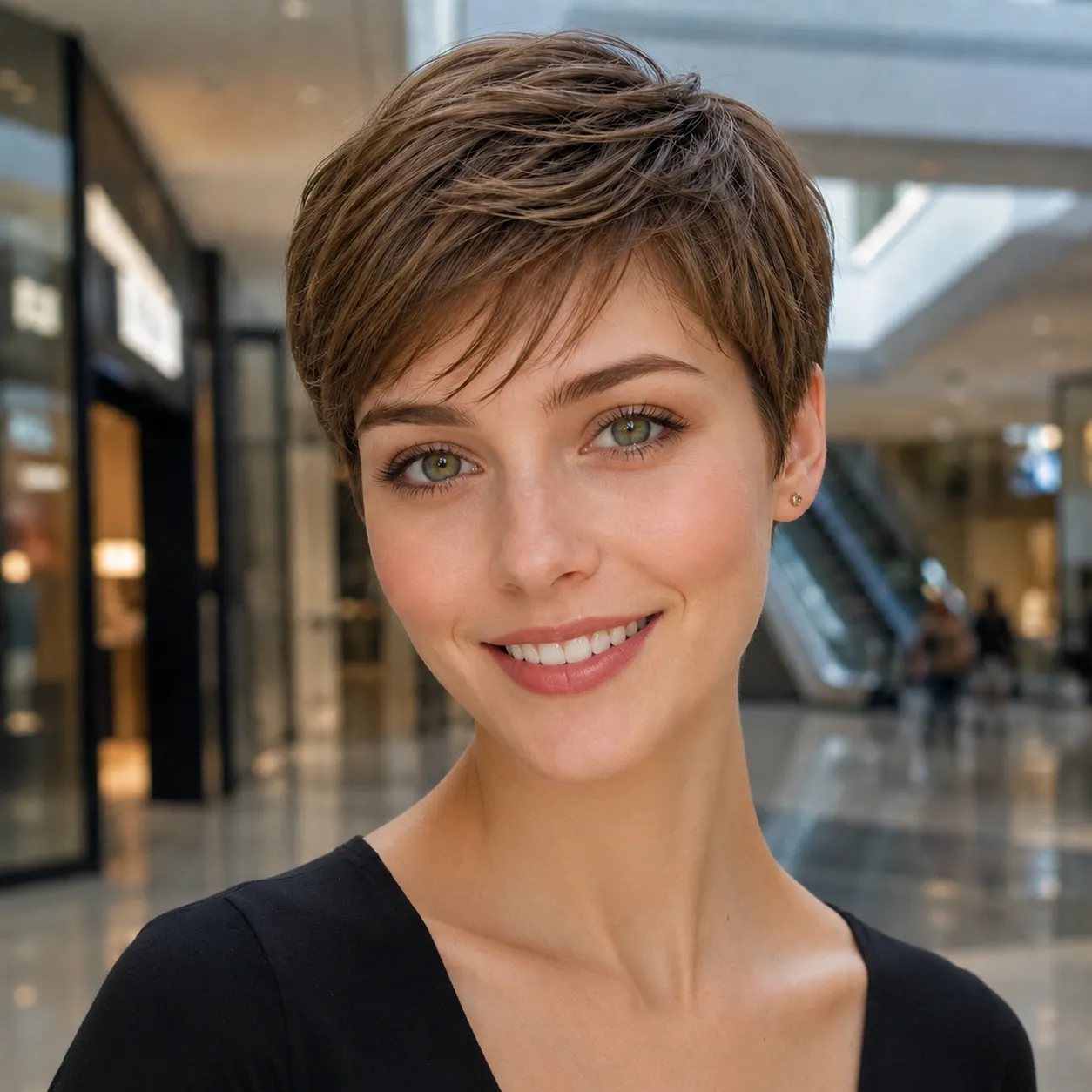 Cabelo pixie feminino castanho visto de frente com volume suave no topo