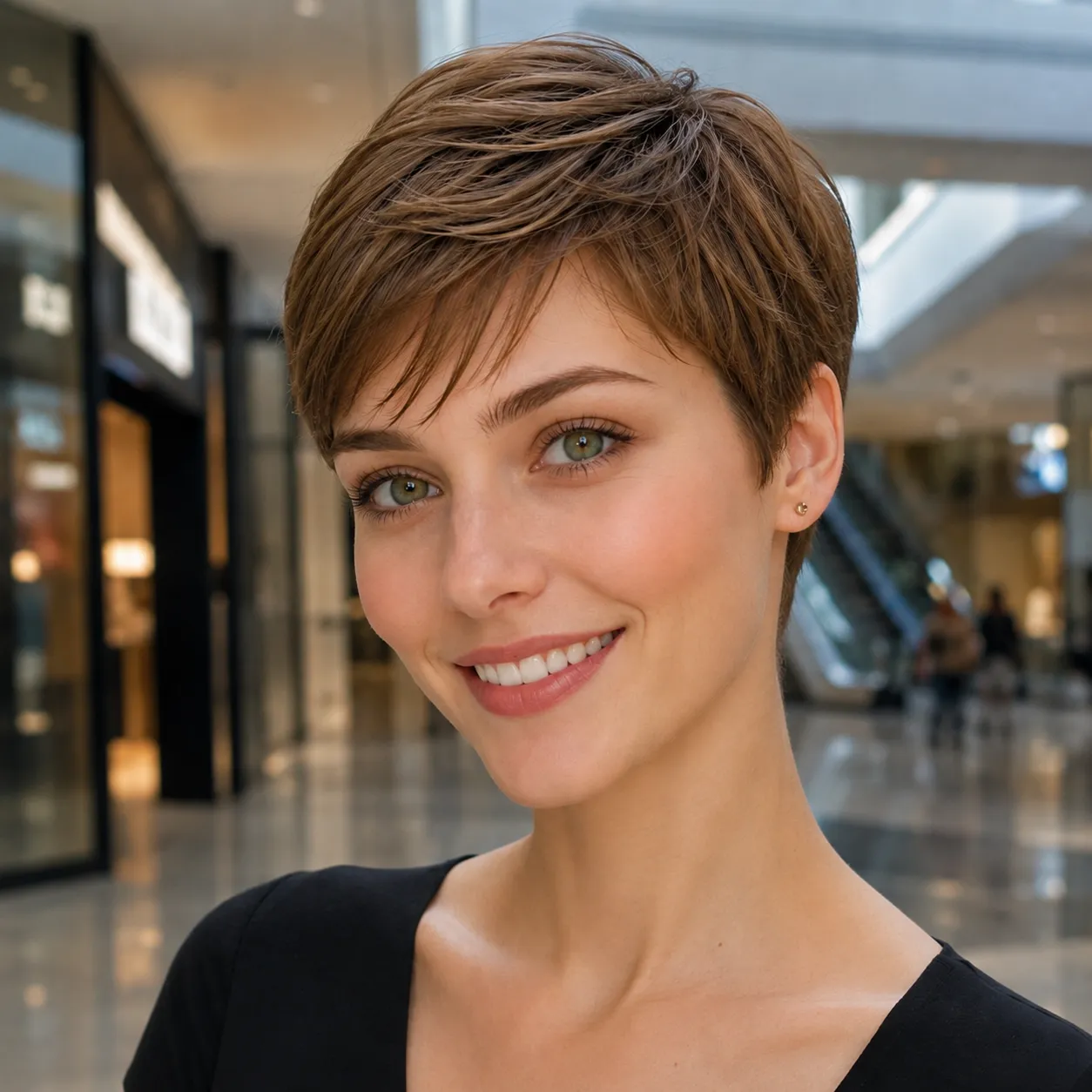 Corte curto feminino castanho com topo em camadas e franja direcionada