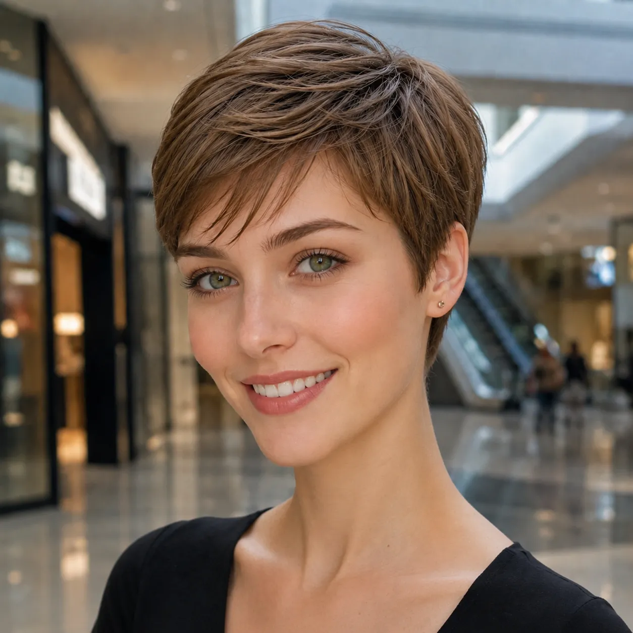 Pixie castanho feminino com franja lateral e textura delicada