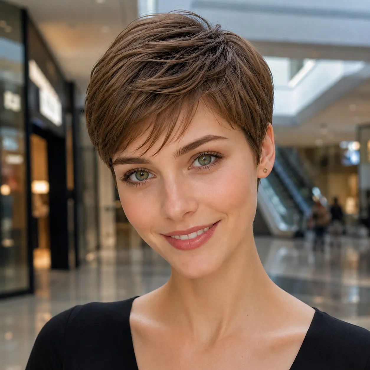 Cabelo curto pixie castanho com camadas superiores bem definidas