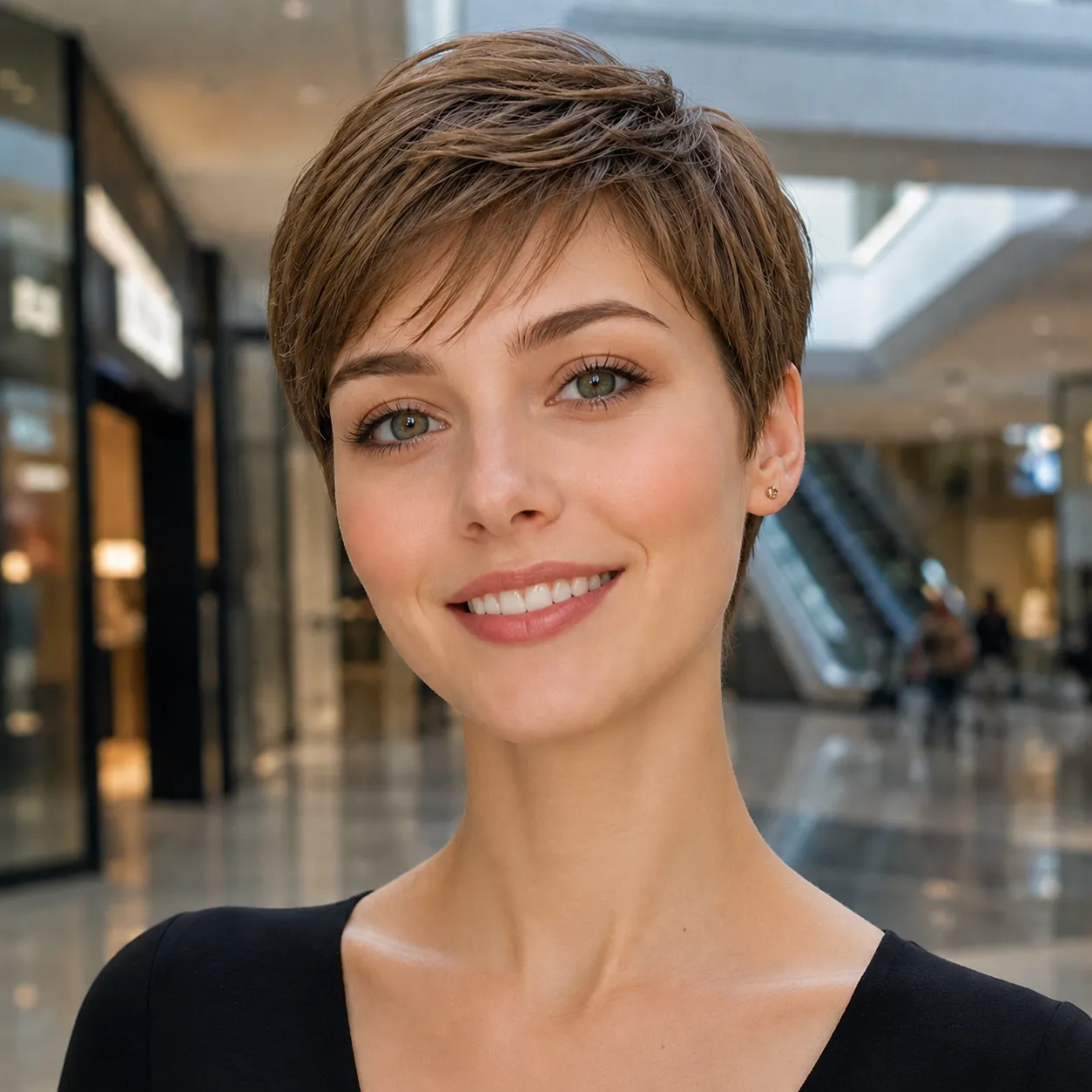 Pixie curto castanho claro com nuances e movimento na região superior