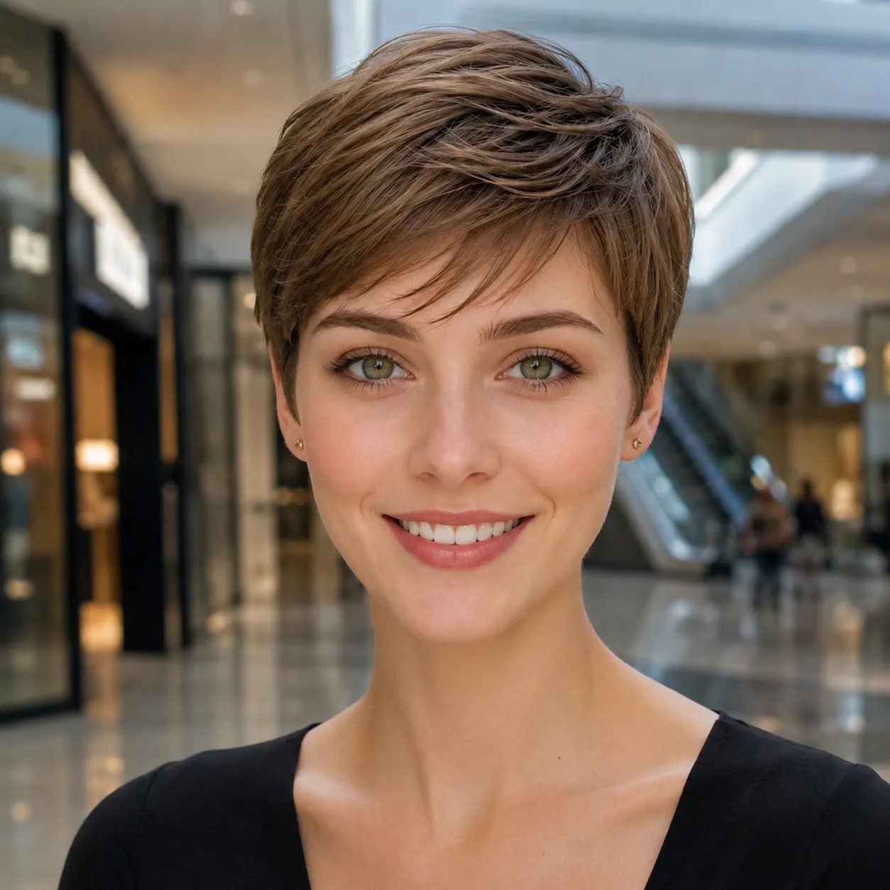Mulher com pixie feminino castanho visto de frente e franja leve