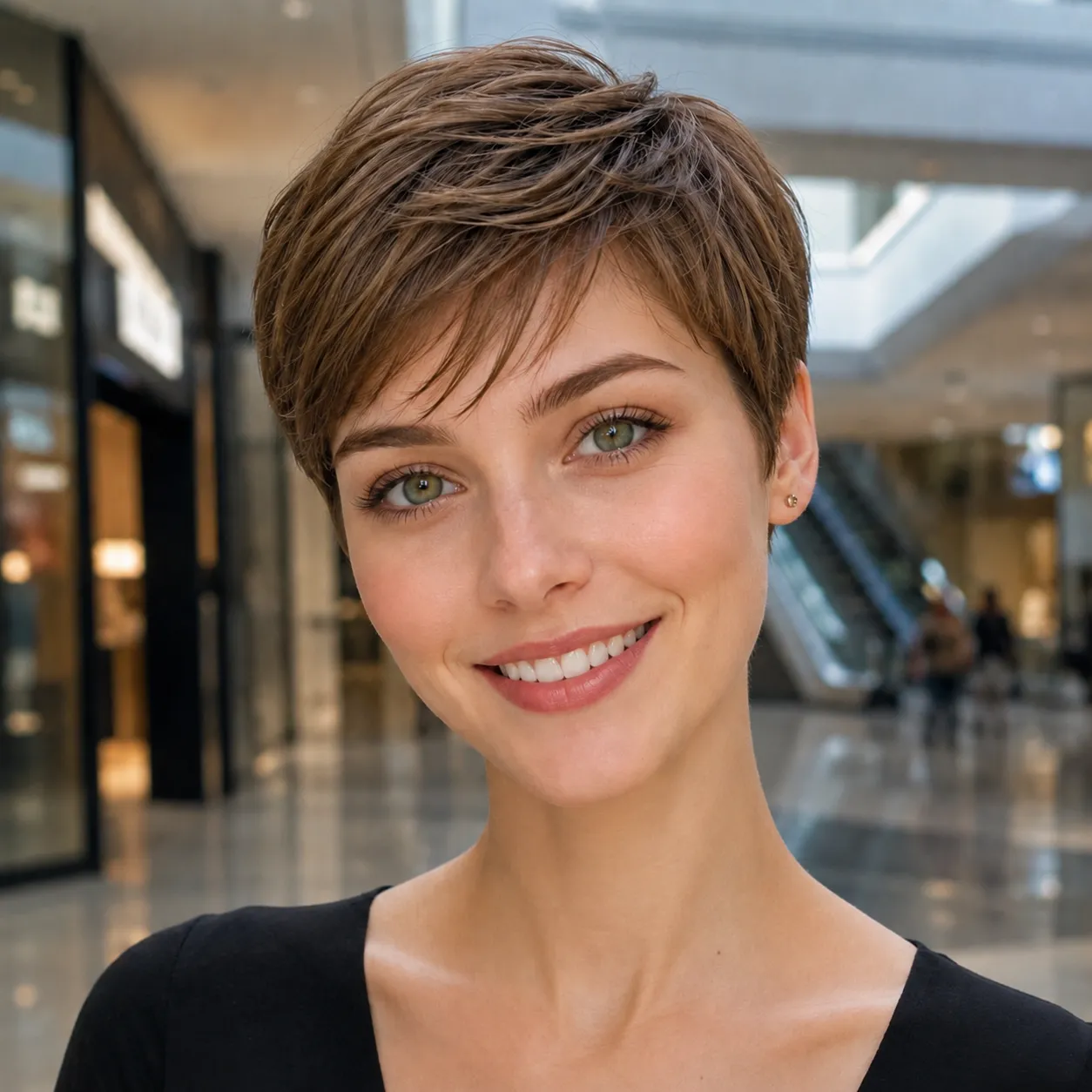 Cabelo curto feminino pixie com mechas separadas e franja lateral