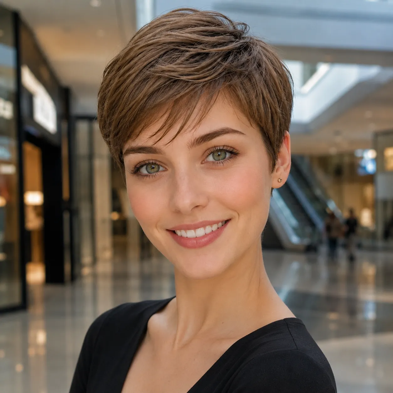 Corte pixie castanho feminino em ângulo frontal mostrando movimento da franja