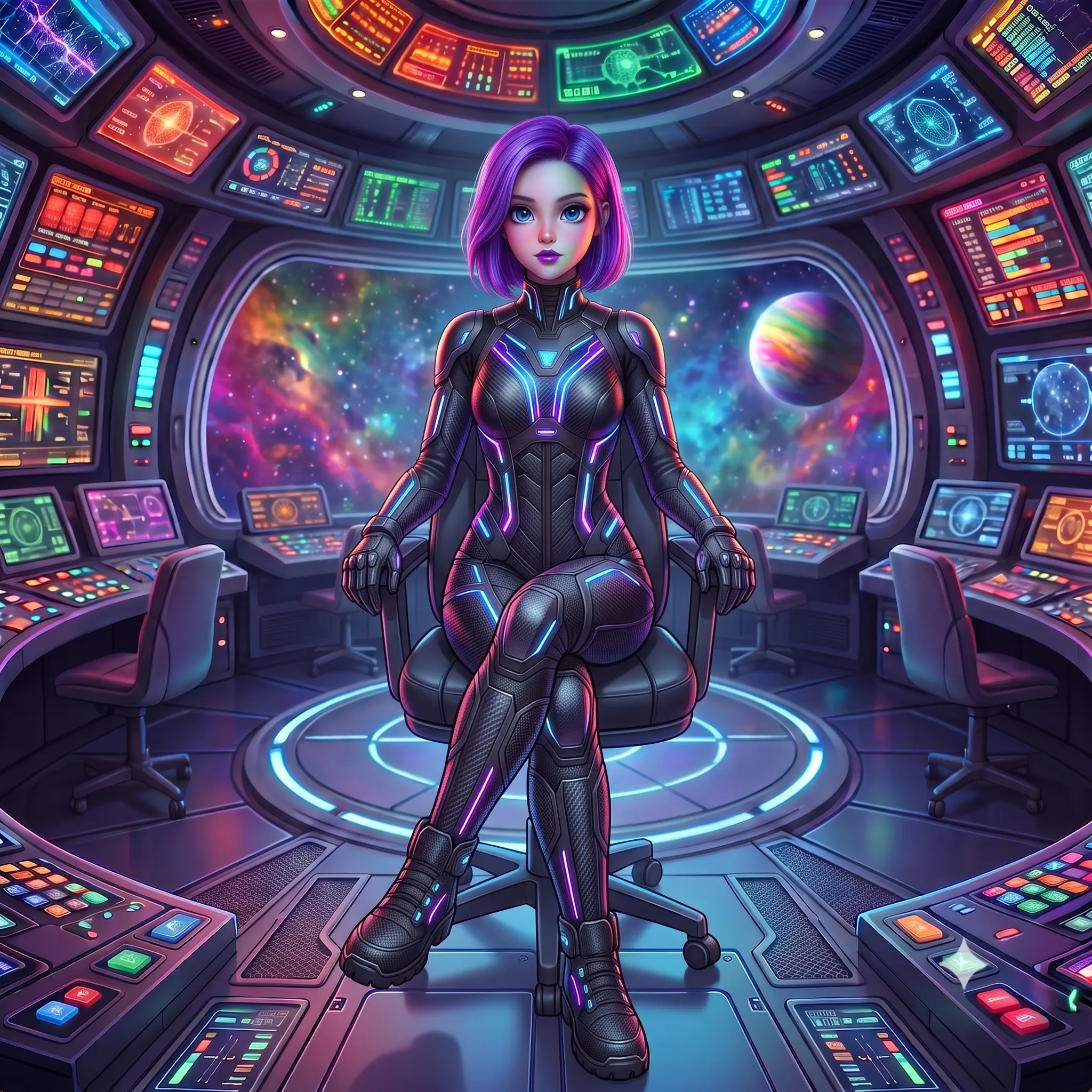 Raka Khemara com look preto iluminado por luzes azuis no interior de uma nave espacial