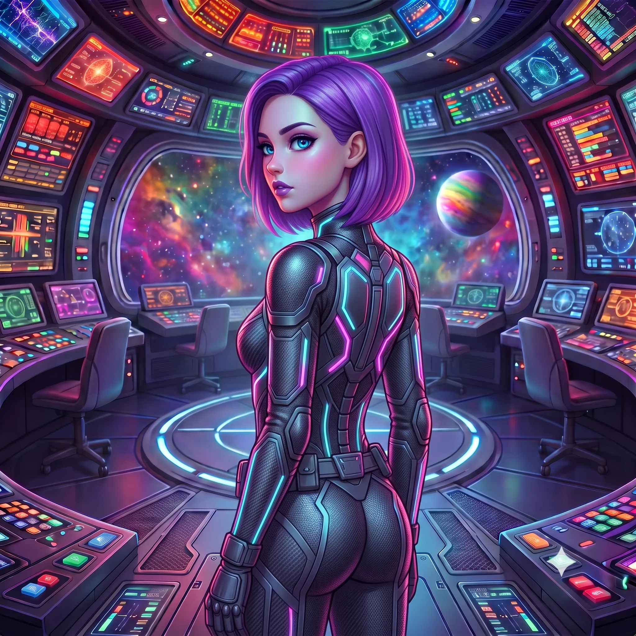 Raka Khemara adulta em composição anime futurista com macacão preto e cenário espacial