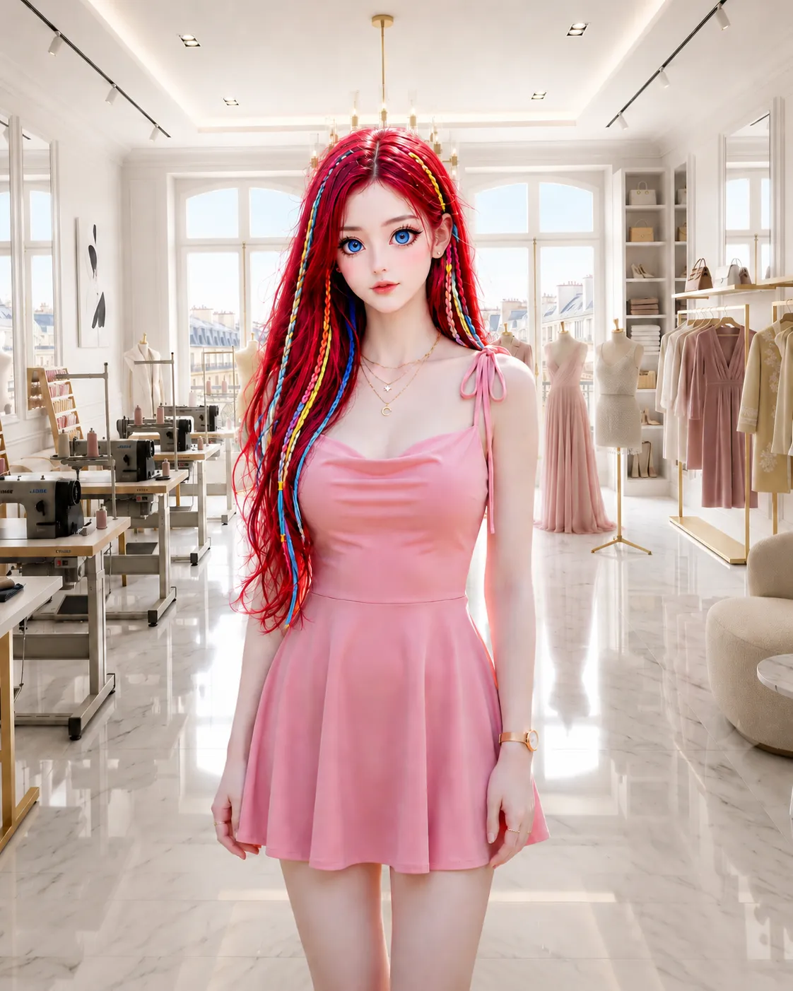 Silke T. Mathiasen como personagem anime adulta com vestido rosa e cabelo vermelho dentro de um ateliê de luxo