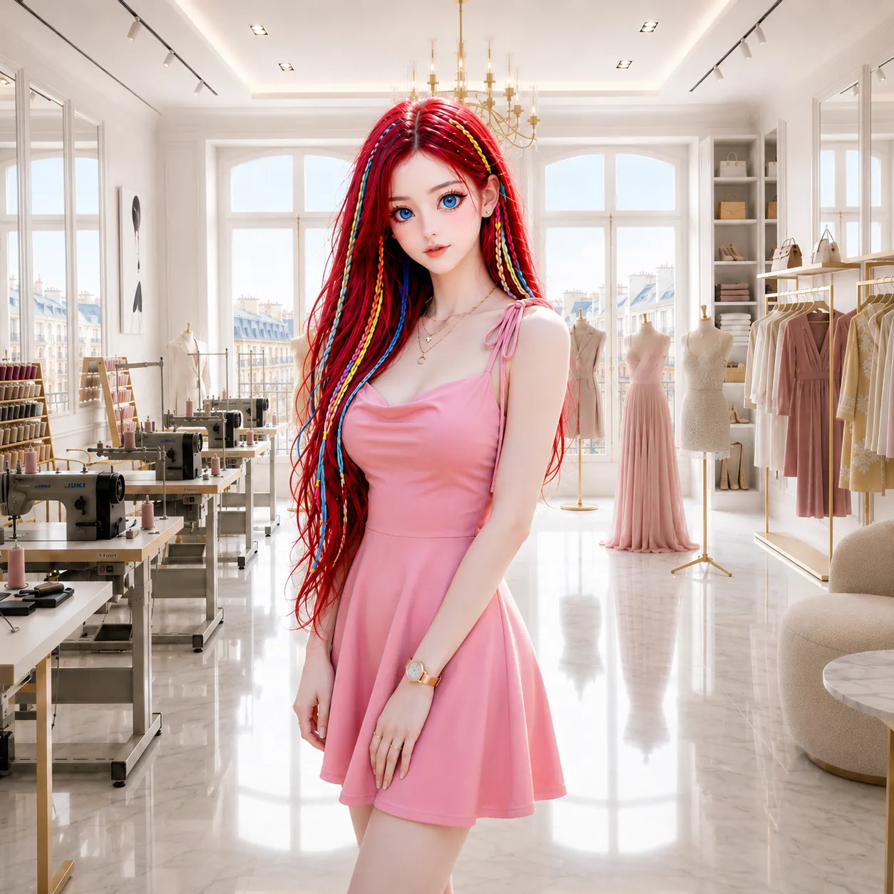 Silke T. Mathiasen em enquadramento amplo dentro de um ateliê de luxo iluminado com vestido rosa