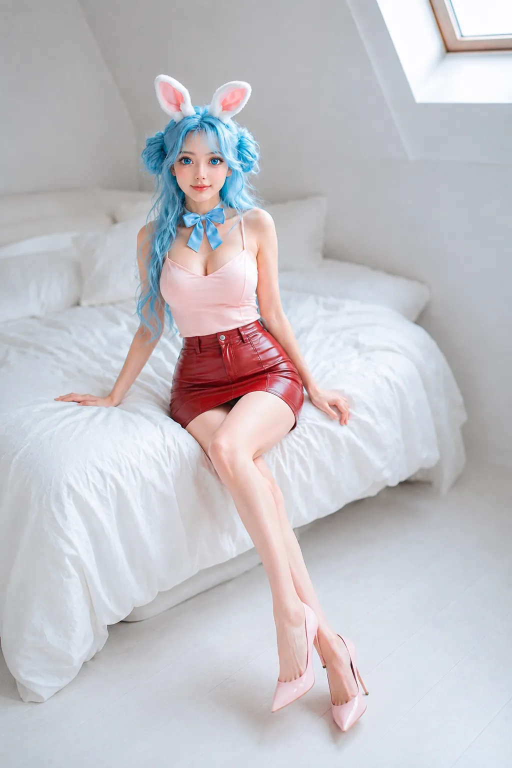 Mahomi Sonoda adulta sentada sobre cama branca com minissaia vermelha, top rosa, cabelo azul e salto alto rosa