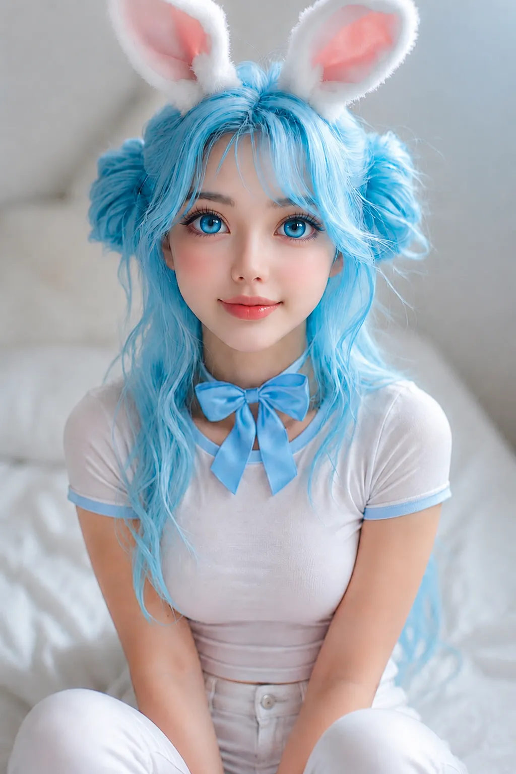 Retrato aproximado de mulher adulta em estilo anime com cabelo azul, olhos azuis, laço azul e orelhas de coelho rosa