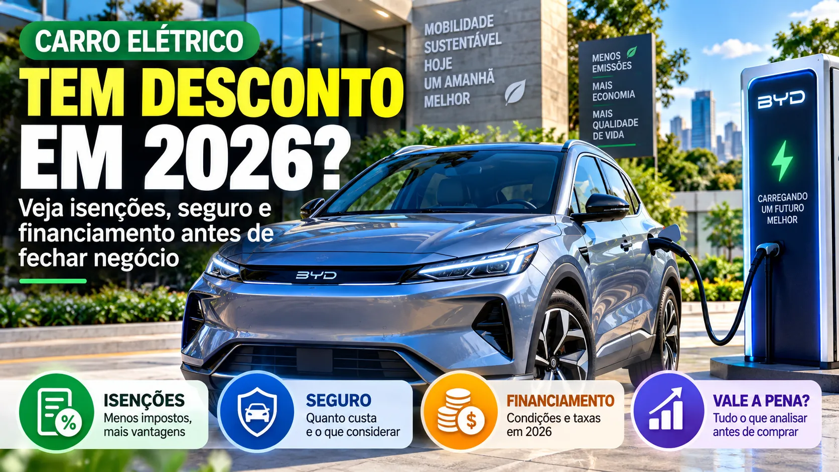 Carro elétrico tem desconto em 2026? Veja isenções, seguro e financiamento antes de fechar negócio